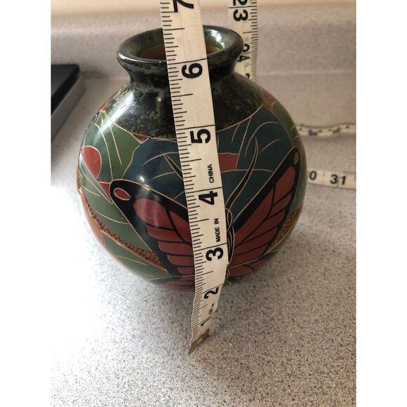 Celia Salazar Hand Carved Etched Clay Vase Toucan Monkey Butterfly Tropical 6" A - Picture 7 of 8